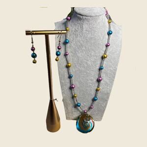 Vintage Handmade Glass Pendant Necklace & Earrings Set